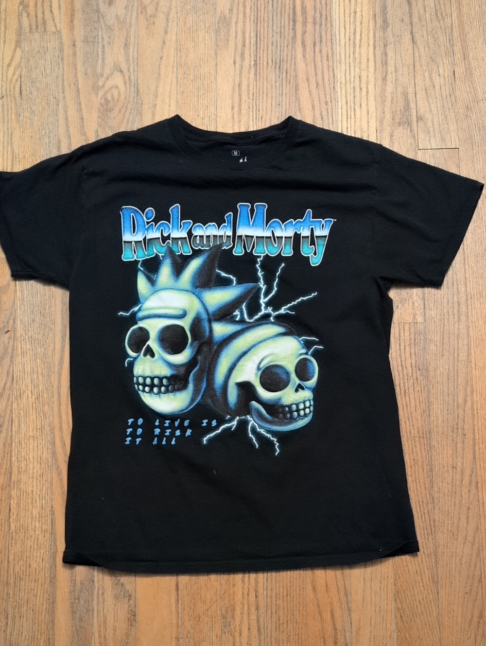 Black Rick and Morty Short Sleeve Graphic Tee with Blue Skull Design